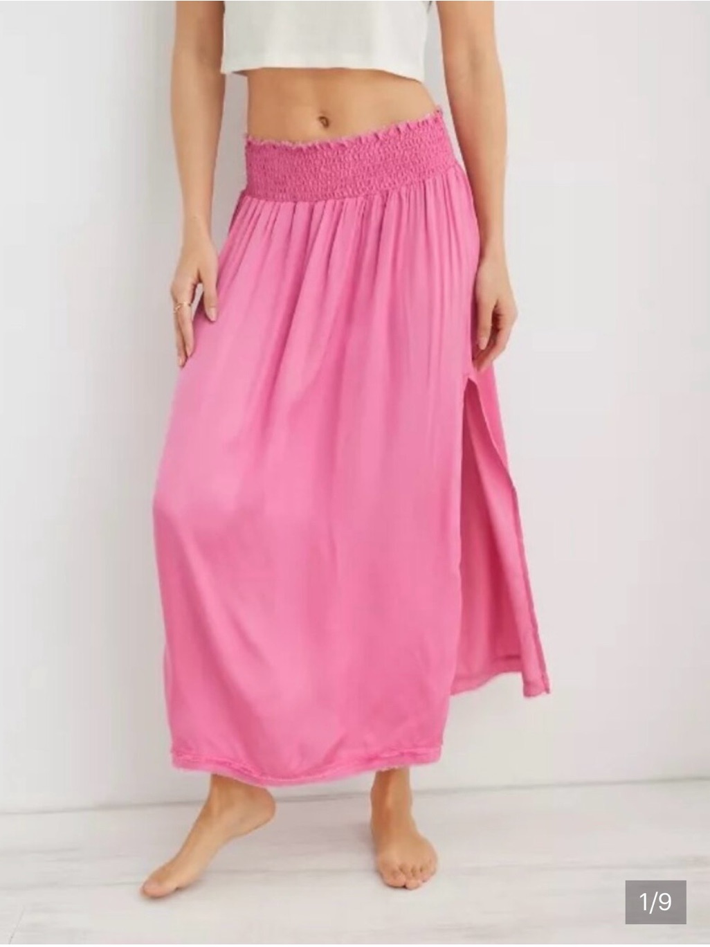 Aerie Nwt Pink Smocked-Waist Maxi Skirt With Side Slit